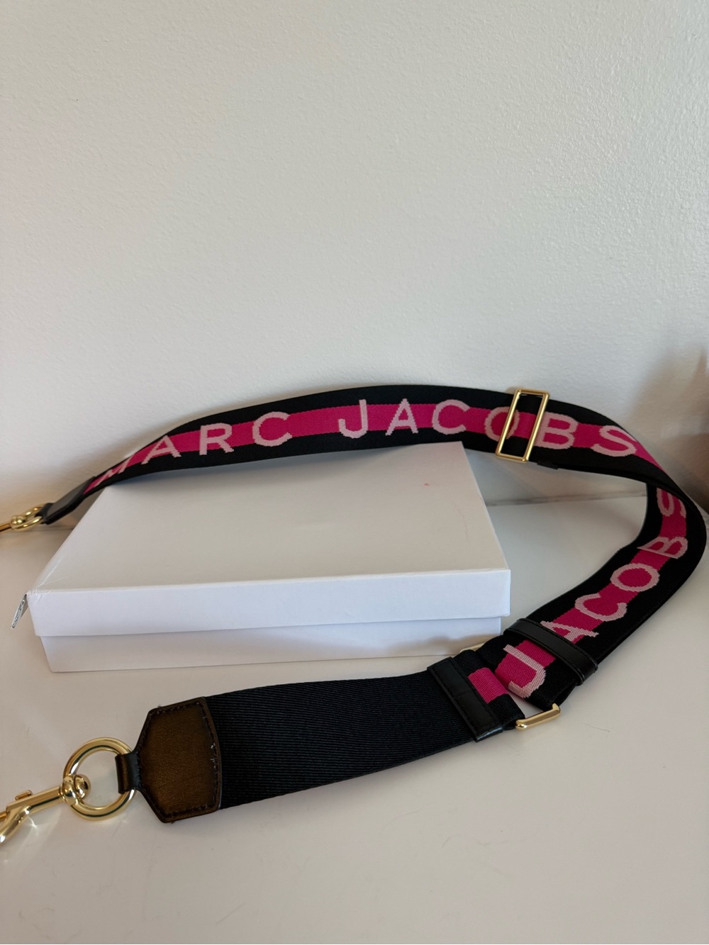 Marc Jacobs Logo Webbing Bag Strap Black Hot Pink Gold Adjustable NWT Official